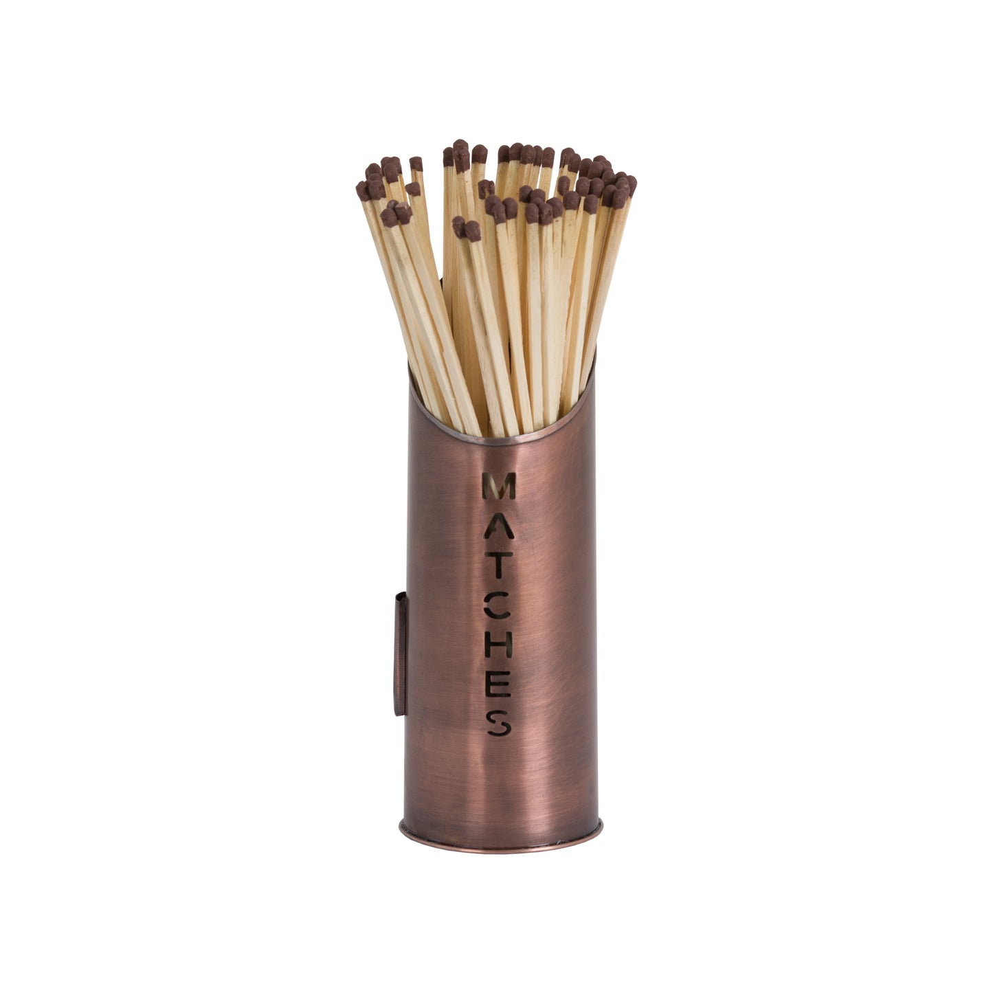 Copper-finished matchstick holder with elegant "MATCHES" engraving, filled with long wooden matches for a stylish hearthside accessory.