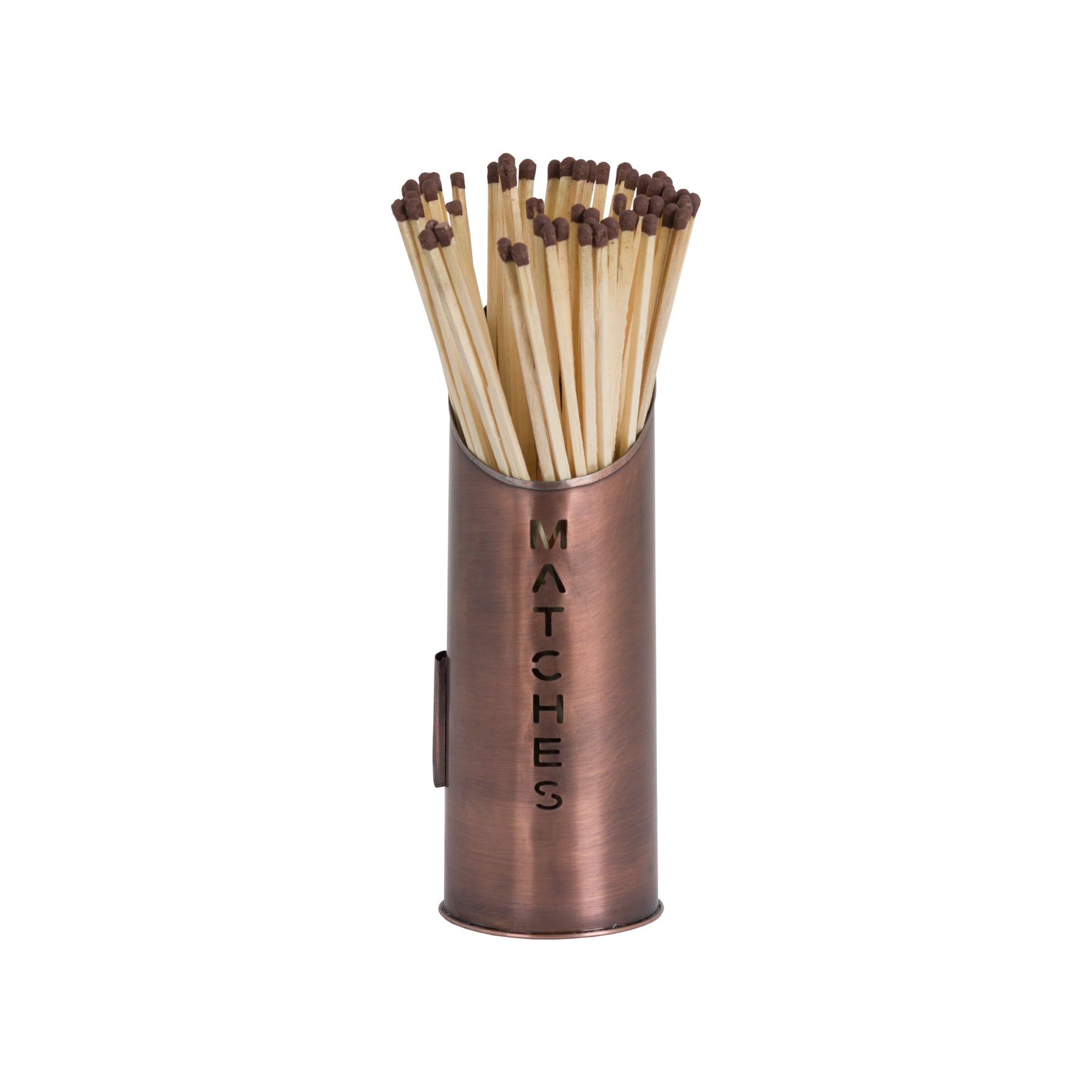 Copper-finished matchstick holder with elegant "MATCHES" engraving, filled with long wooden matches for a stylish hearthside accessory.