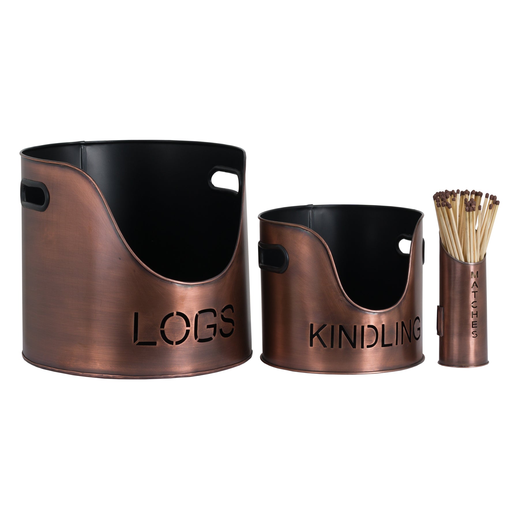 Copper-finished buckets labeled "LOGS" and "KINDLING" beside a matchstick holder, combining elegance and functionality.
