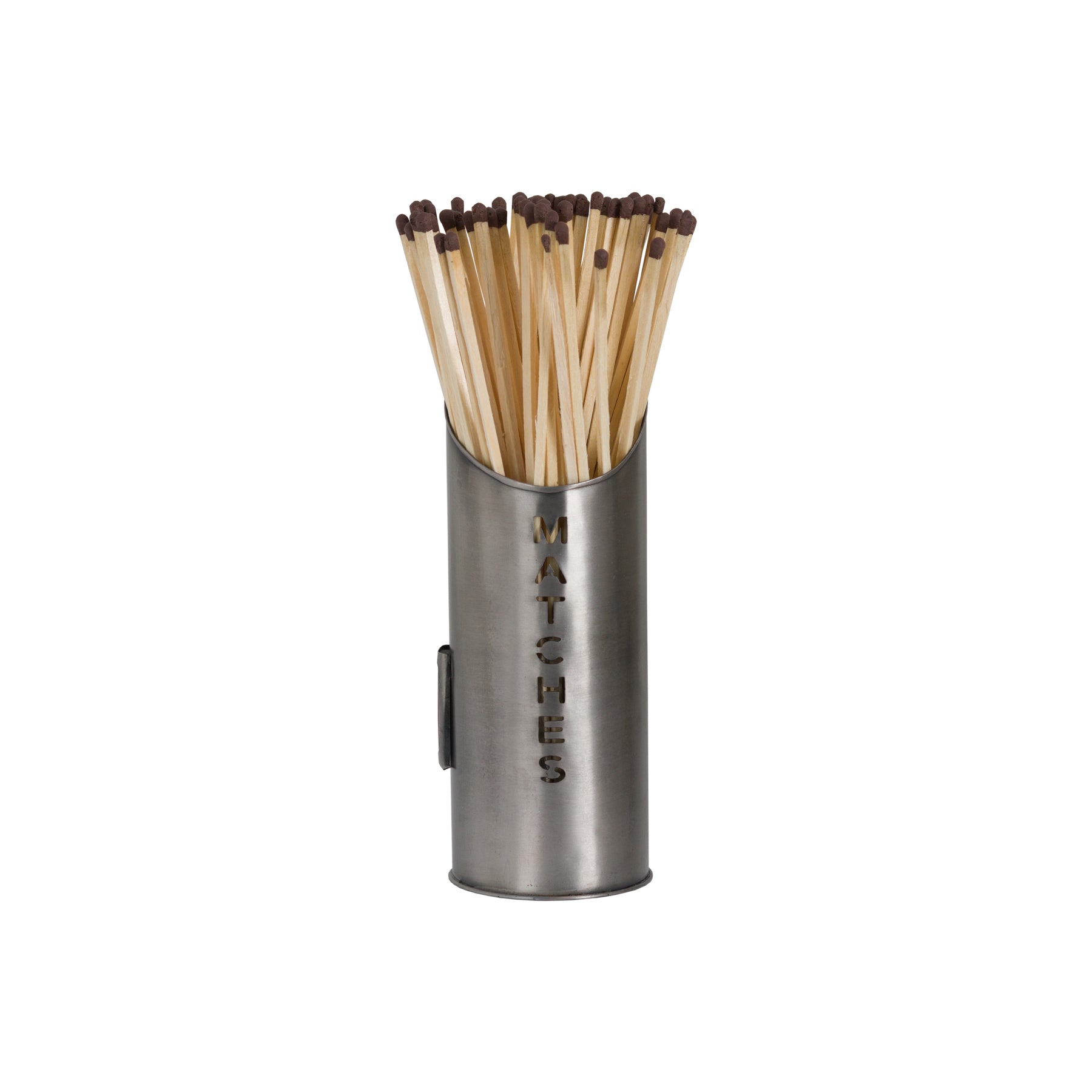 Aged pewter matchstick holder displaying wooden matches, elegantly designed with "MATCHES" engraved, complementing fireside decor.