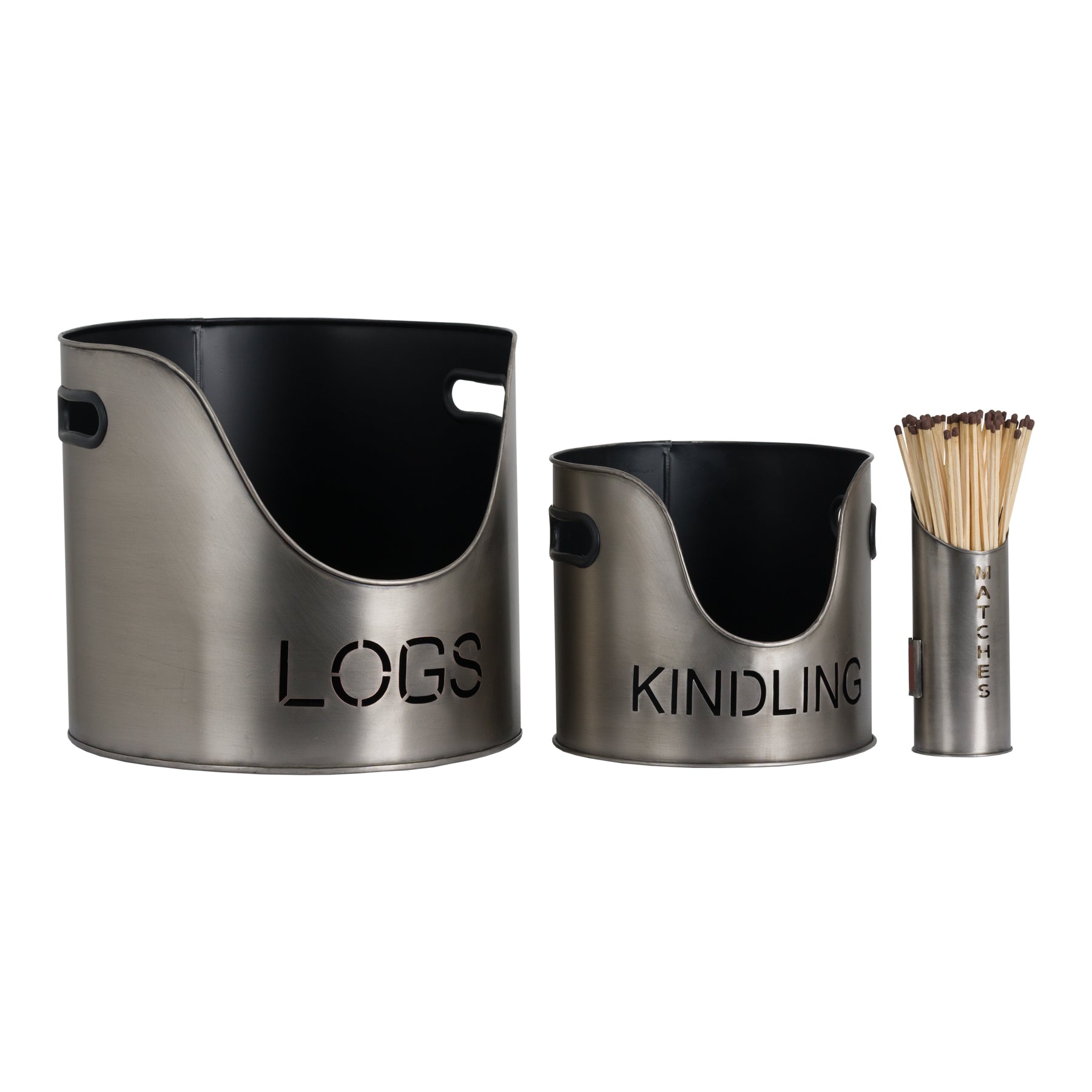 Sleek pewter-finished buckets labeled "LOGS" and " KINDLING" alongside a matchstick holder, combining style and function.
