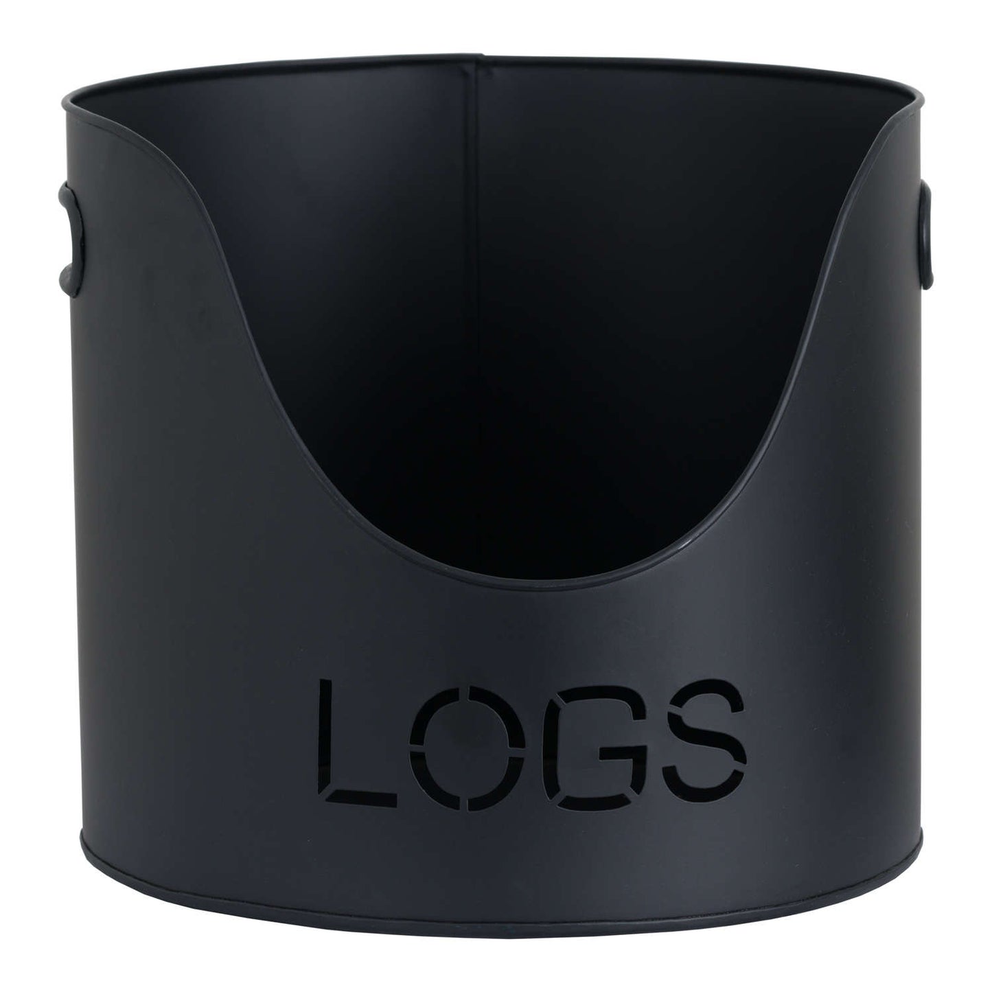 Sleek black log bucket with cut-out "LOGS" text, features smooth curves and stylish design for modern fireplaces.