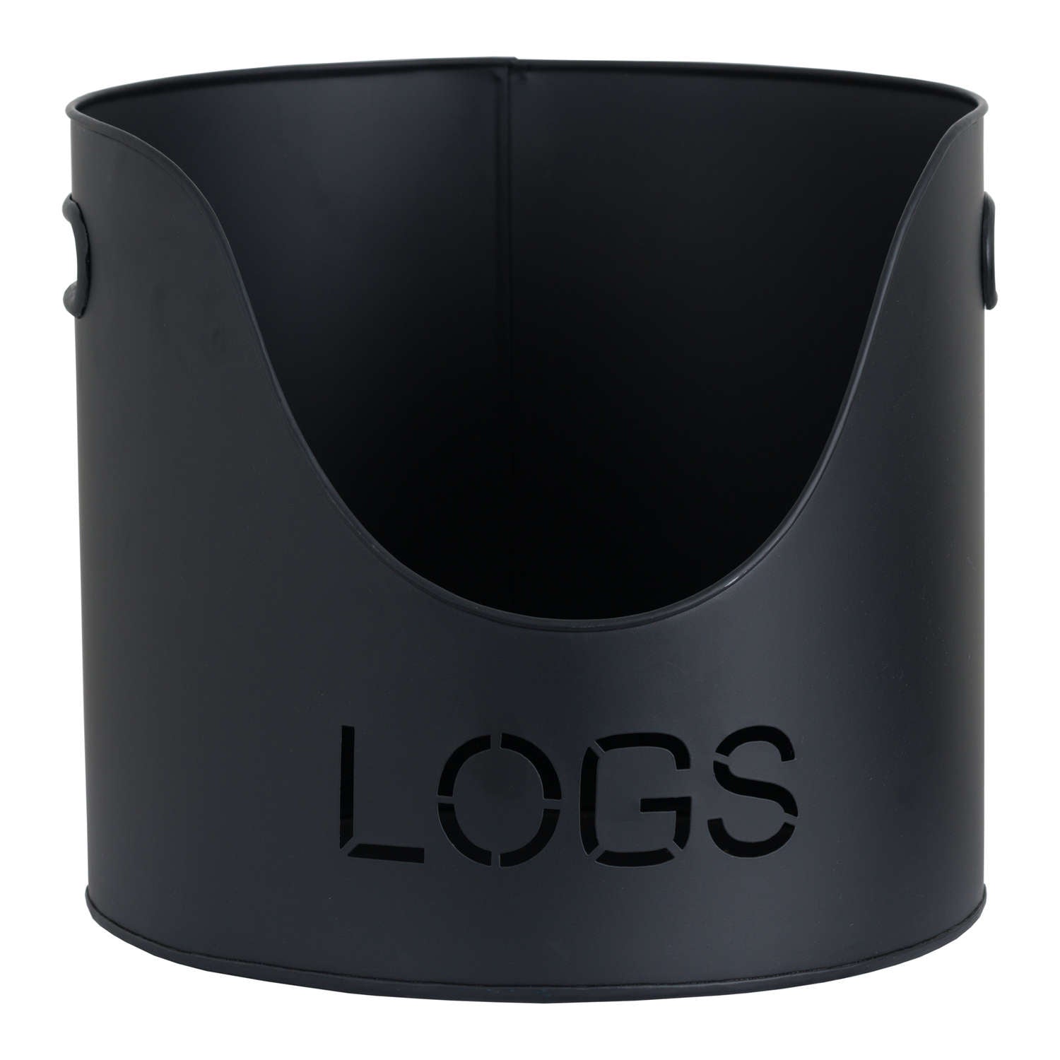 Sleek black log bucket with cut-out "LOGS" text, features smooth curves and stylish design for modern fireplaces.