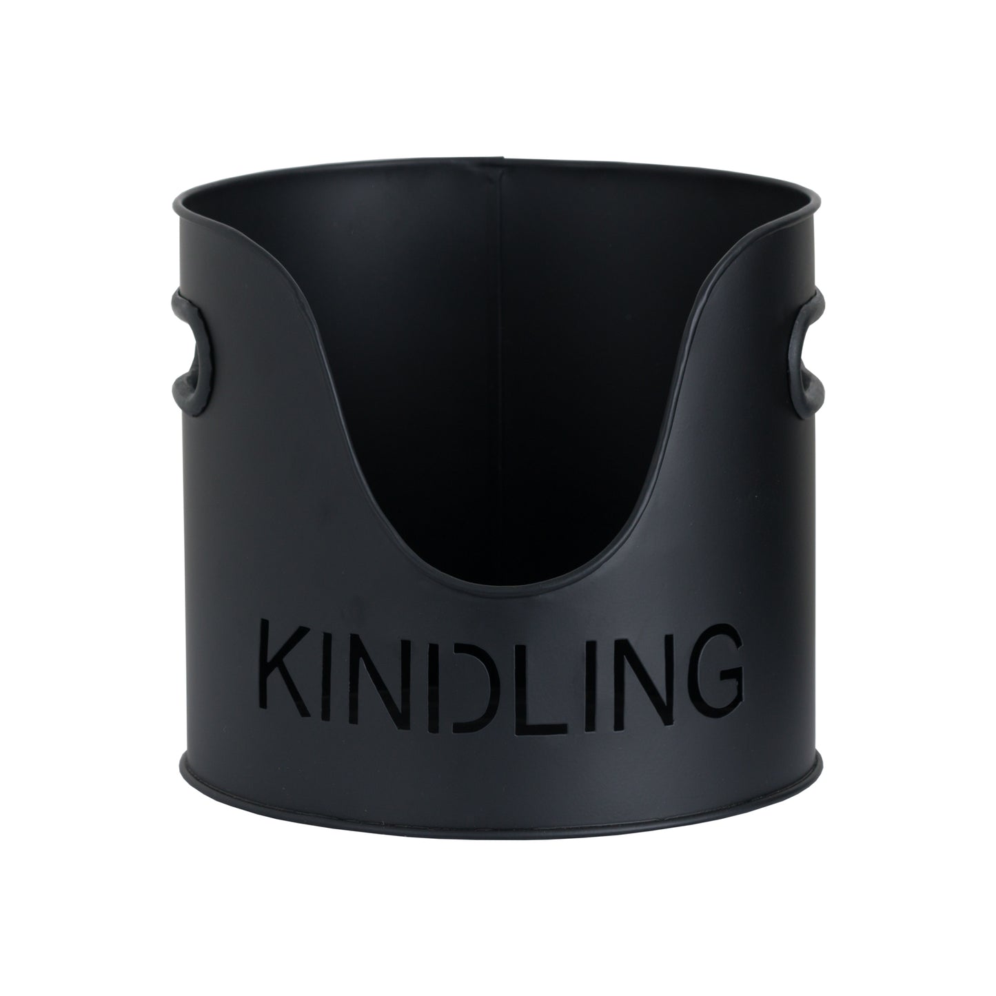 Sleek black kindling bucket with cut-out lettering, adding modern elegance and functionality to your fireplace decor.