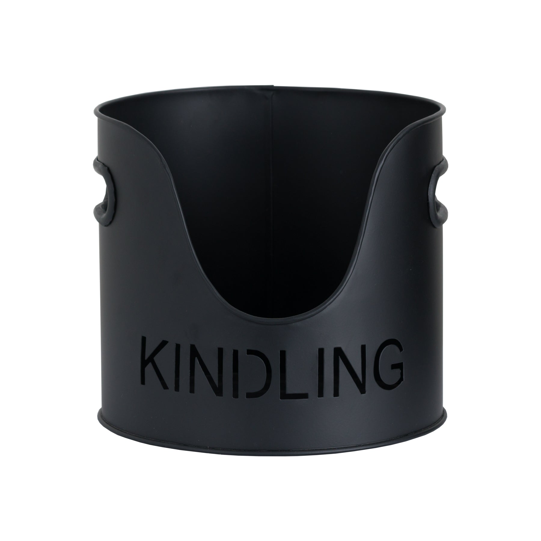 Sleek black kindling bucket with cut-out lettering, adding modern elegance and functionality to your fireplace decor.