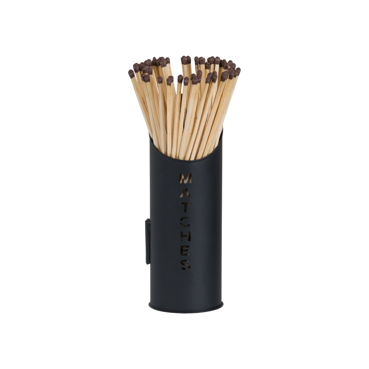 Sleek black matchstick holder with "MATCHES" cutout, elegantly displaying long wooden matches inside, adding modern style to any fireplace.