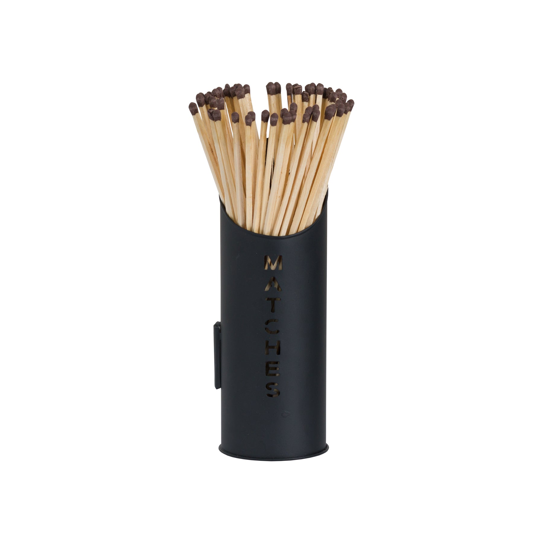Sleek black matchstick holder with "MATCHES" cutout, elegantly displaying long wooden matches inside, adding modern style to any fireplace.