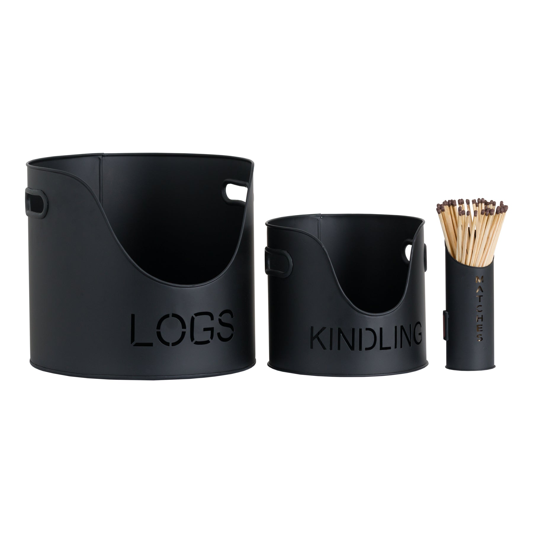 Sleek black buckets labeled "LOGS" and "KINDLING," with a stylish matchstick holder, add modern elegance to any fireplace.