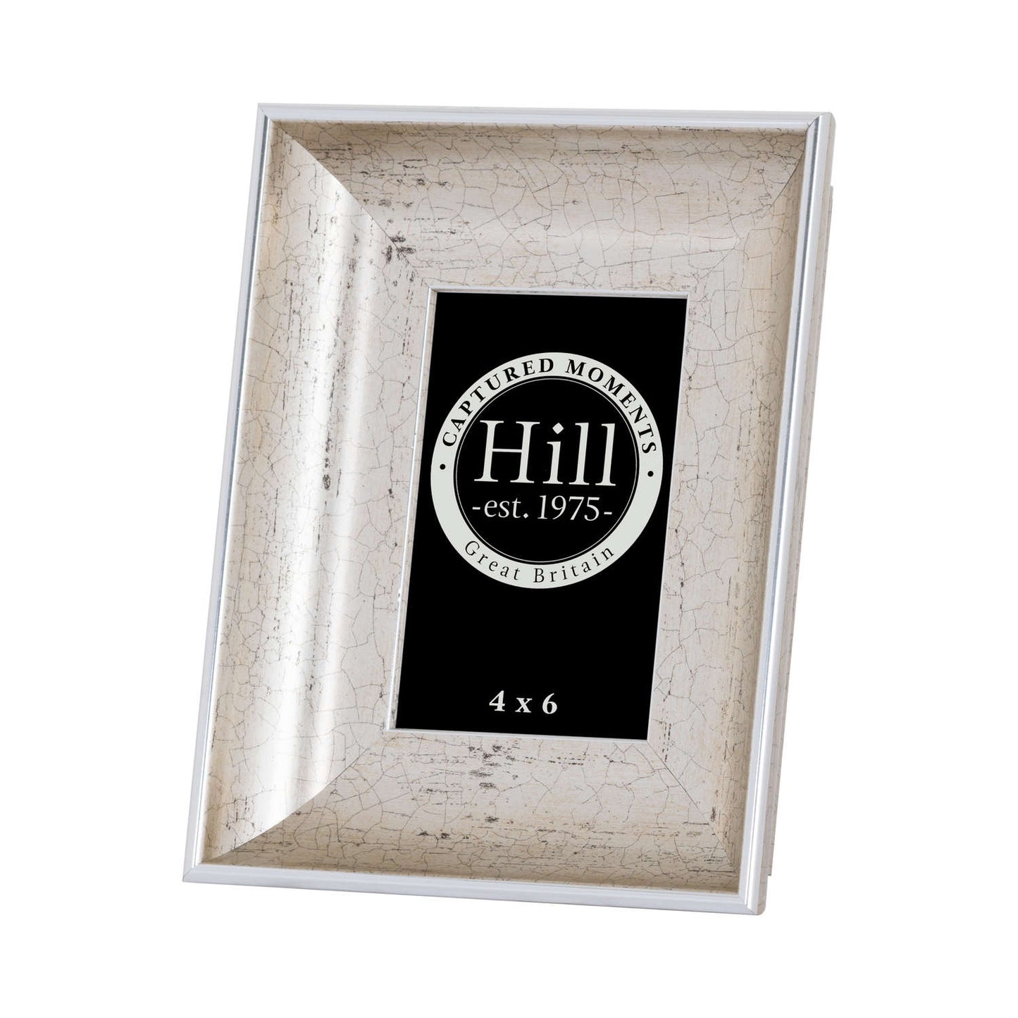 Antique silver 4x6 photo frame with a crackled effect, featuring a vintage design and a classic black insert for photos.