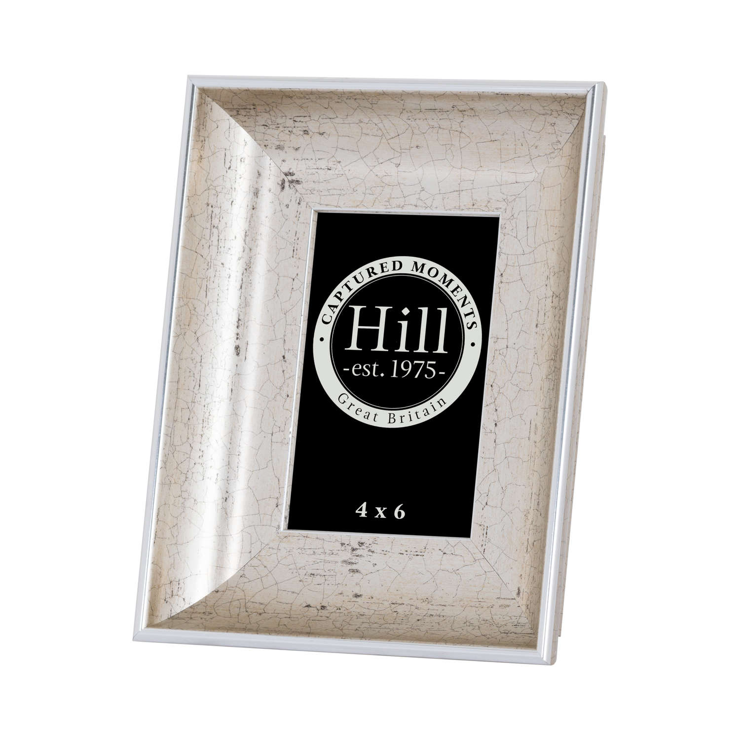 Antique silver 4x6 photo frame with a crackled effect, featuring a vintage design and a classic black insert for photos.
