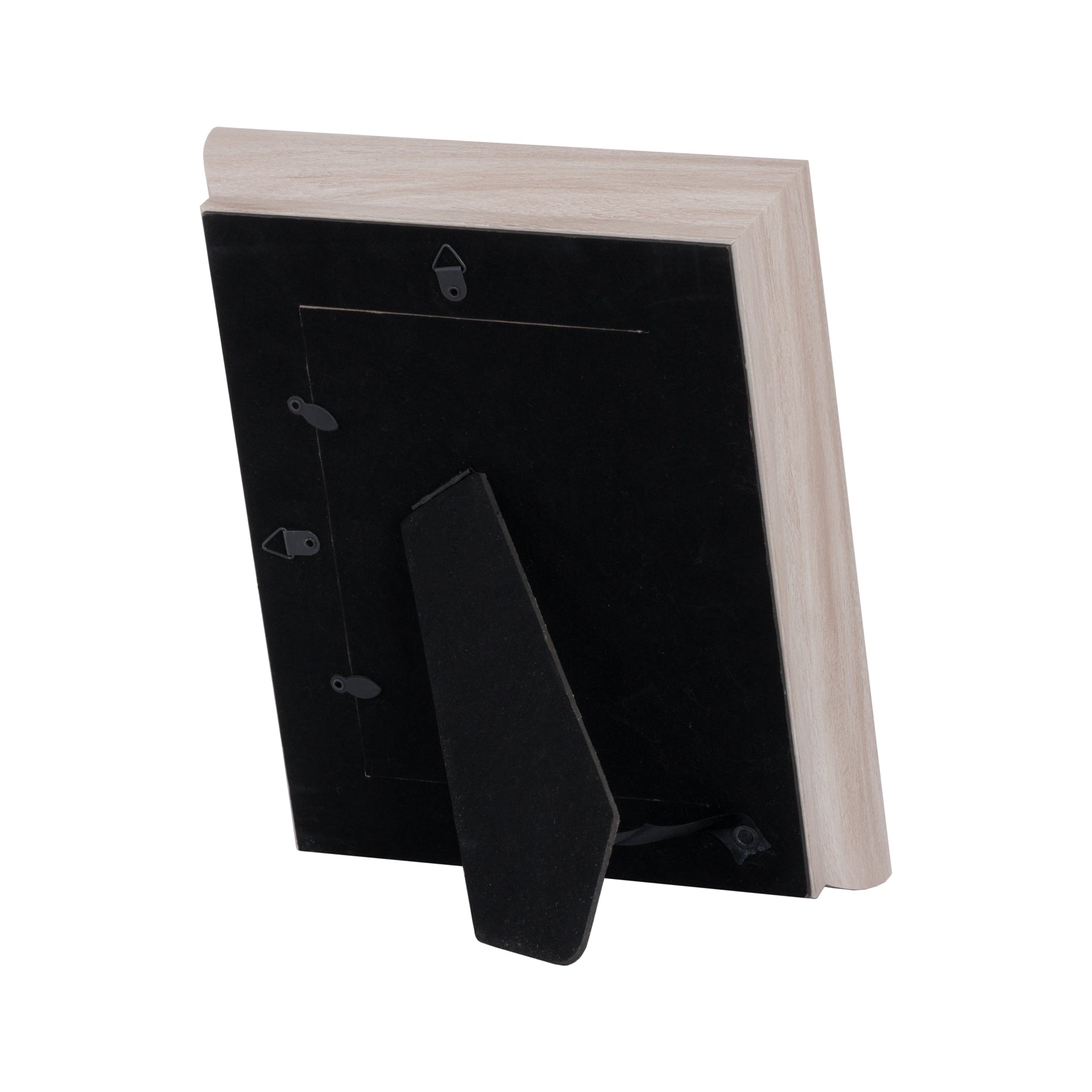 A white washed wooden photo frame with a sleek finish, designed for 5x7 photos, featuring a stand for display.