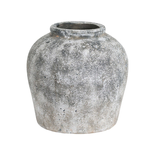 A 30cm tall ceramic vase with a textured, aged stone effect in grey and white, featuring a minimalist, rounded design.