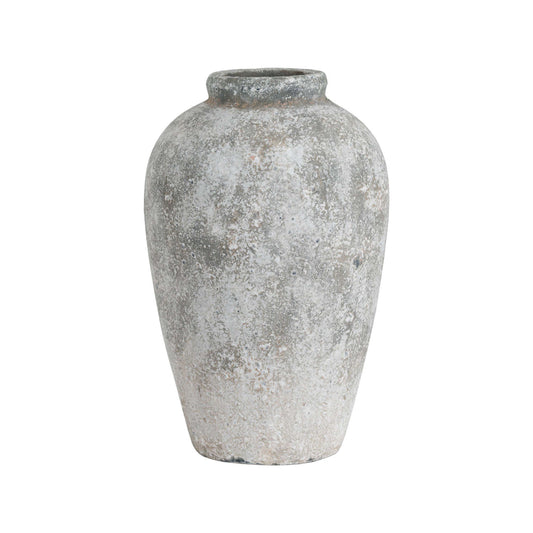 Tall ceramic vase with a weathered stone finish, featuring a cylindrical silhouette in shades of gray, ideal for modern and traditional decor.