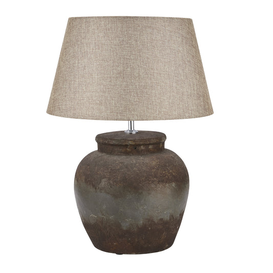 Handcrafted ceramic table lamp with aged stone finish and beige linen shade, measuring 52cm high and 30cm wide, exuding rustic elegance.