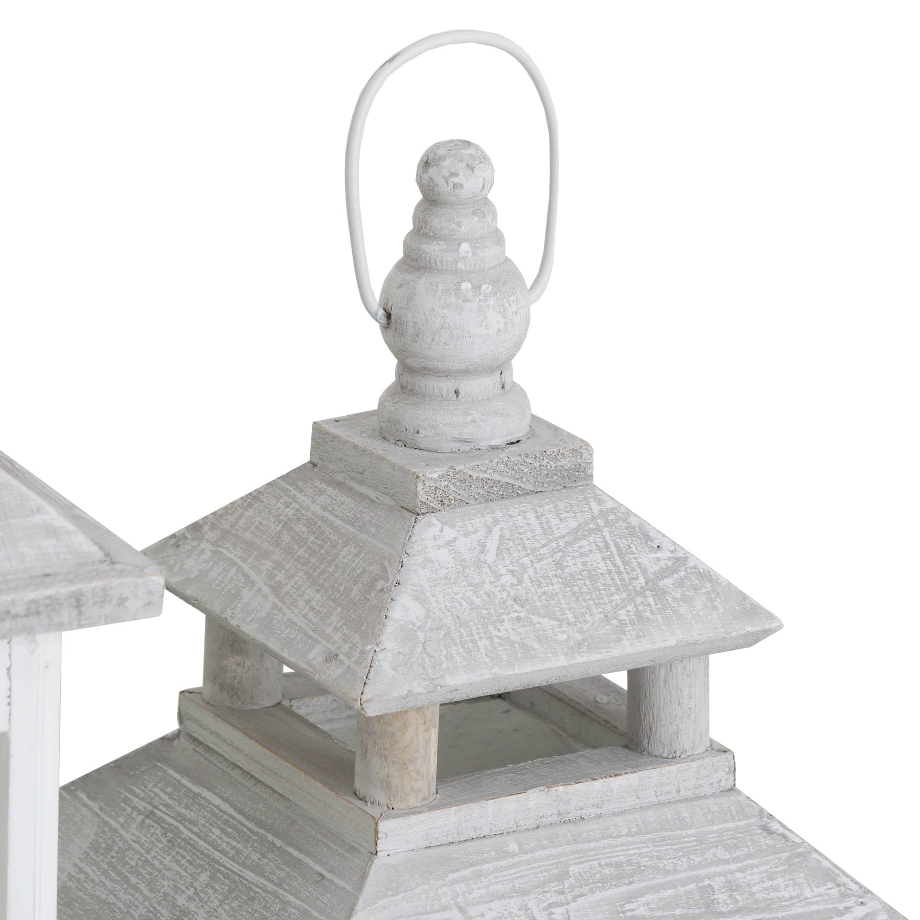 Elegant white lantern with a window-inspired design, featuring intricate detailing and a classic open top for versatile decor.