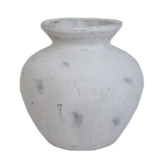 Antique white vase with a classic Greek-inspired design, featuring a smooth, rounded shape and subtle textural details.