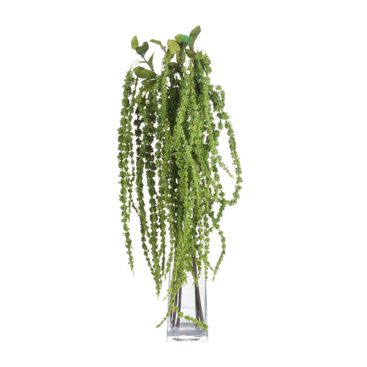 Lush green artificial amaranthus with cascading strands, elegantly styled in a clear vase for vibrant home decor.