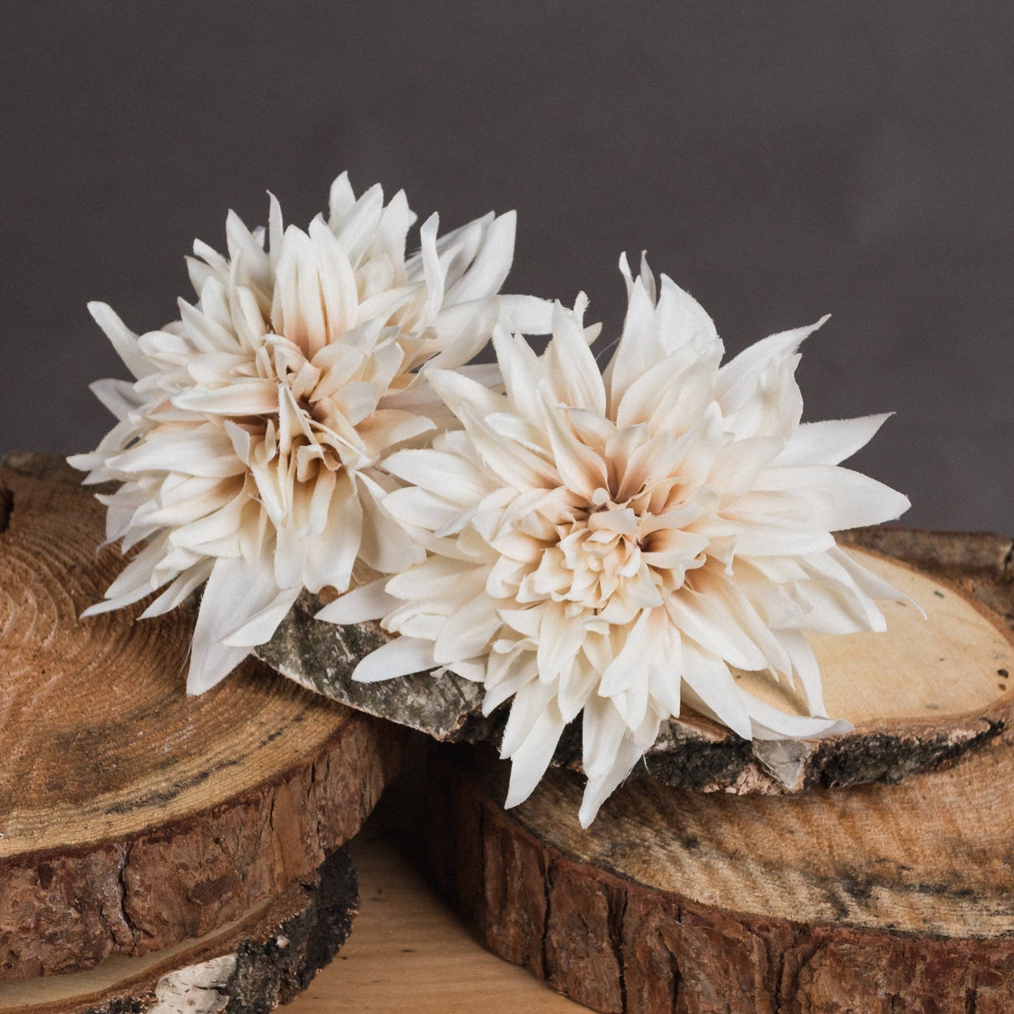 Cream dahlia artificial flowers in warm café au lait tones, displayed on wooden slices, enhancing elegant home decor.