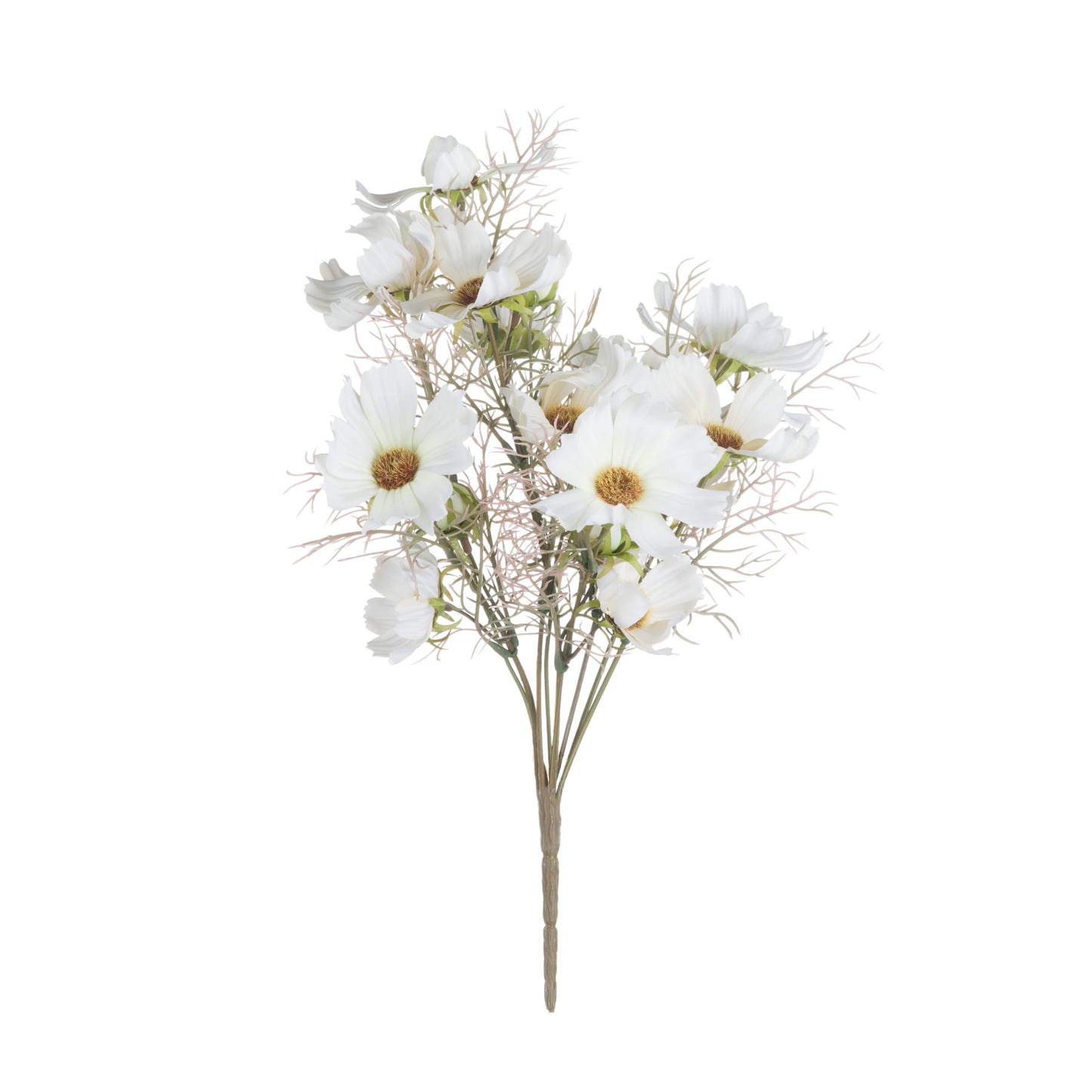 Cream cosmos spray features soft white petals with delicate centers, paired with wispy greenery, evoking elegance and serenity.