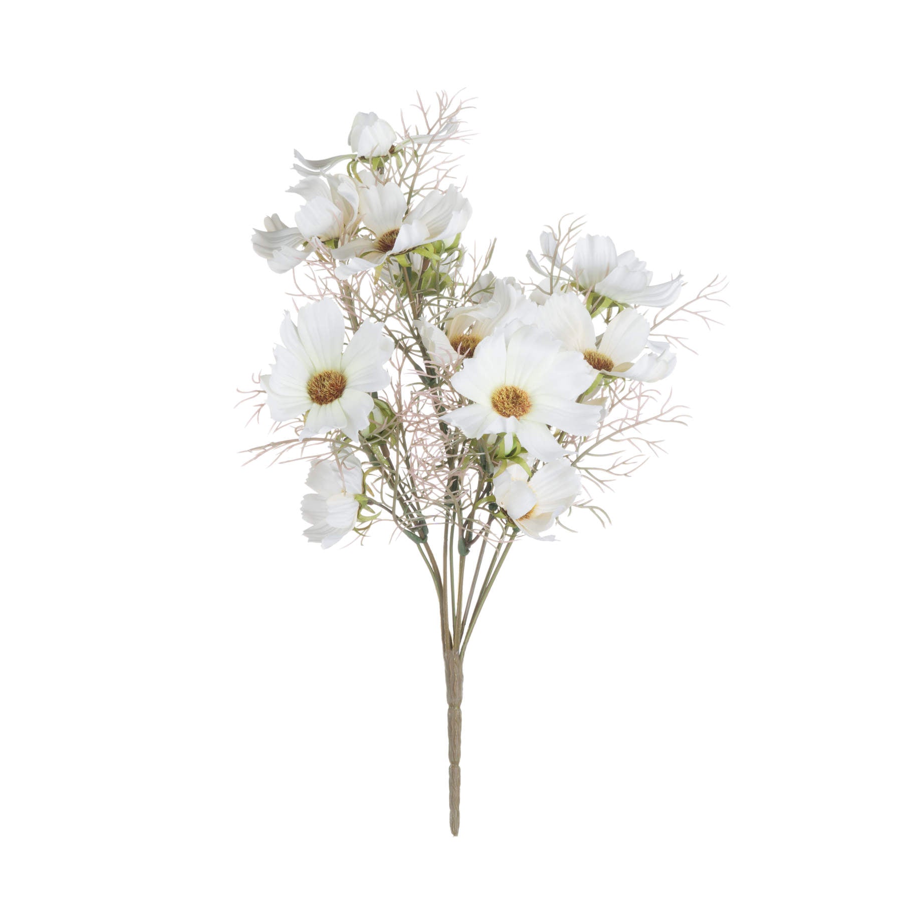 Cream cosmos spray features soft white petals with delicate centers, paired with wispy greenery, evoking elegance and serenity.