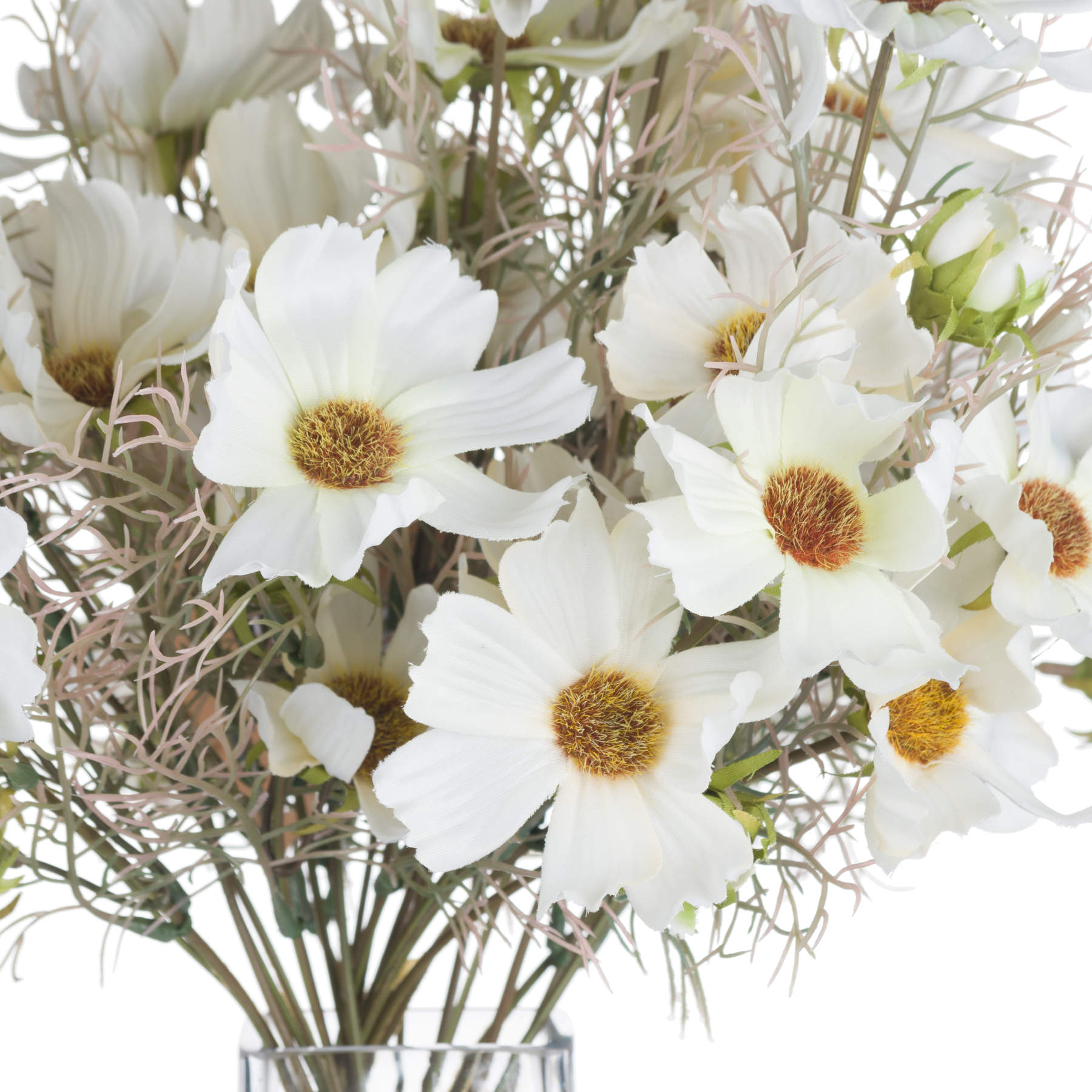 Cream cosmos spray featuring lush white petals with golden centers and delicate wispy foliage, perfect for elegant decor.