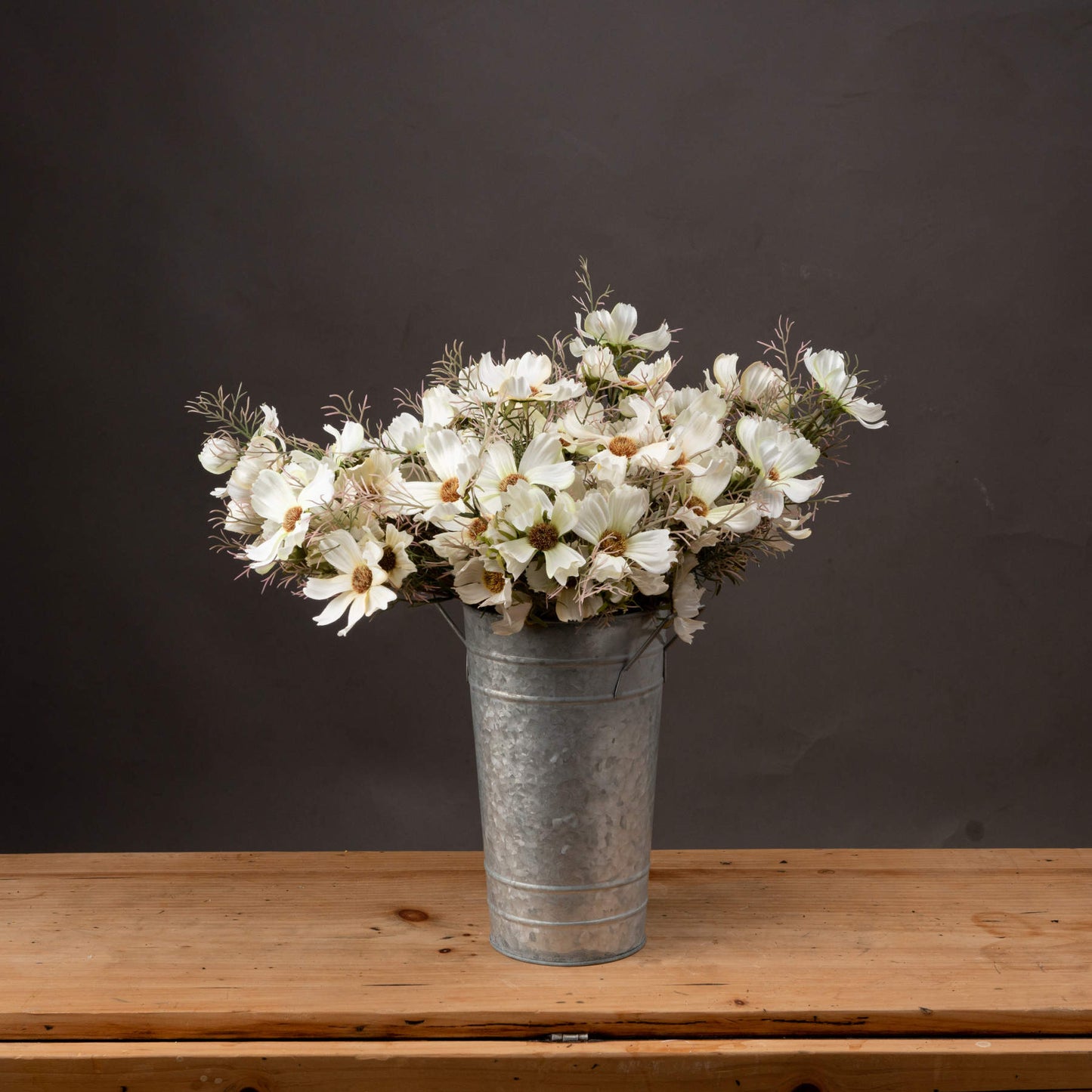 Cream cosmos spray in a galvanized bucket, featuring soft cream petals and wispy greenery, enhances any decor with elegance.