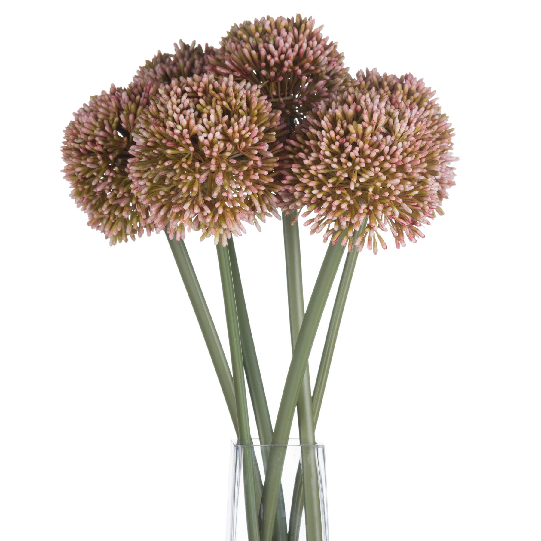 Soft pink artificial Allium blooms with green stems, arranged elegantly in a clear vase, adding timeless charm to any decor.