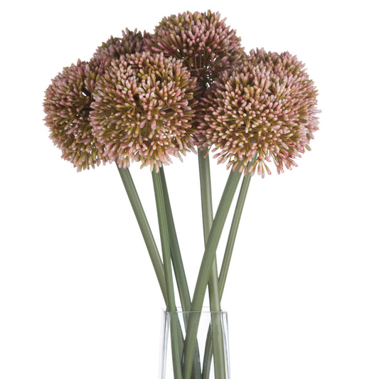 Soft pink artificial Allium blooms with green stems, arranged elegantly in a clear vase, adding timeless charm to any decor.