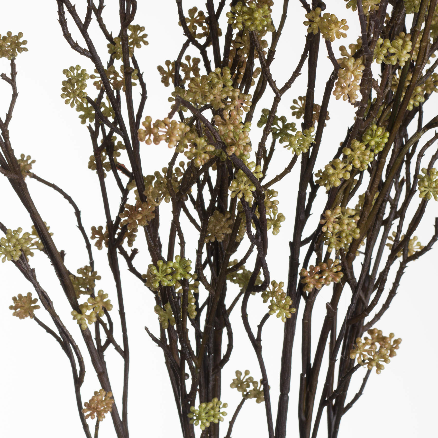Realistic artificial branch with green and muted yellow flowers on dark brown stems, perfect for elegant decor and arrangements.