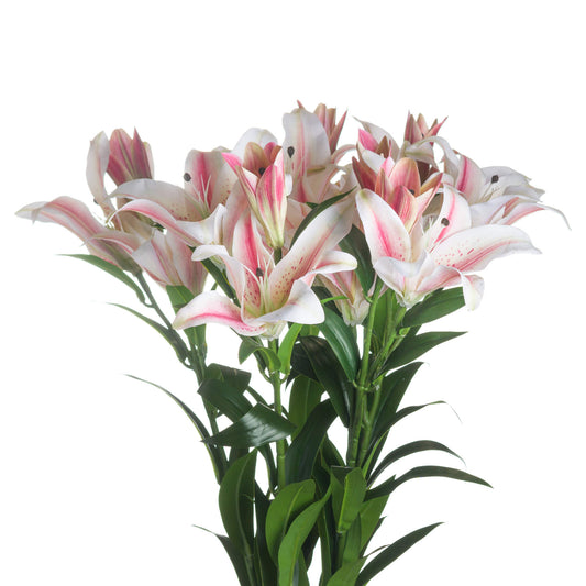 Lifelike white artificial Stargazer Lily with pink accents, featuring detailed petals and vibrant green leaves, perfect for elegant décor.