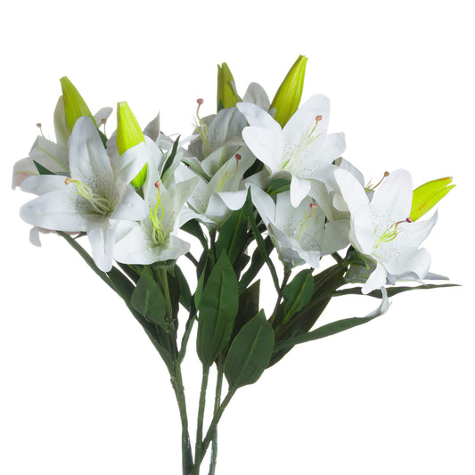 Lifelike white lilies with green buds and lush green leaves, elegantly styled for timeless decor and effortless beauty.