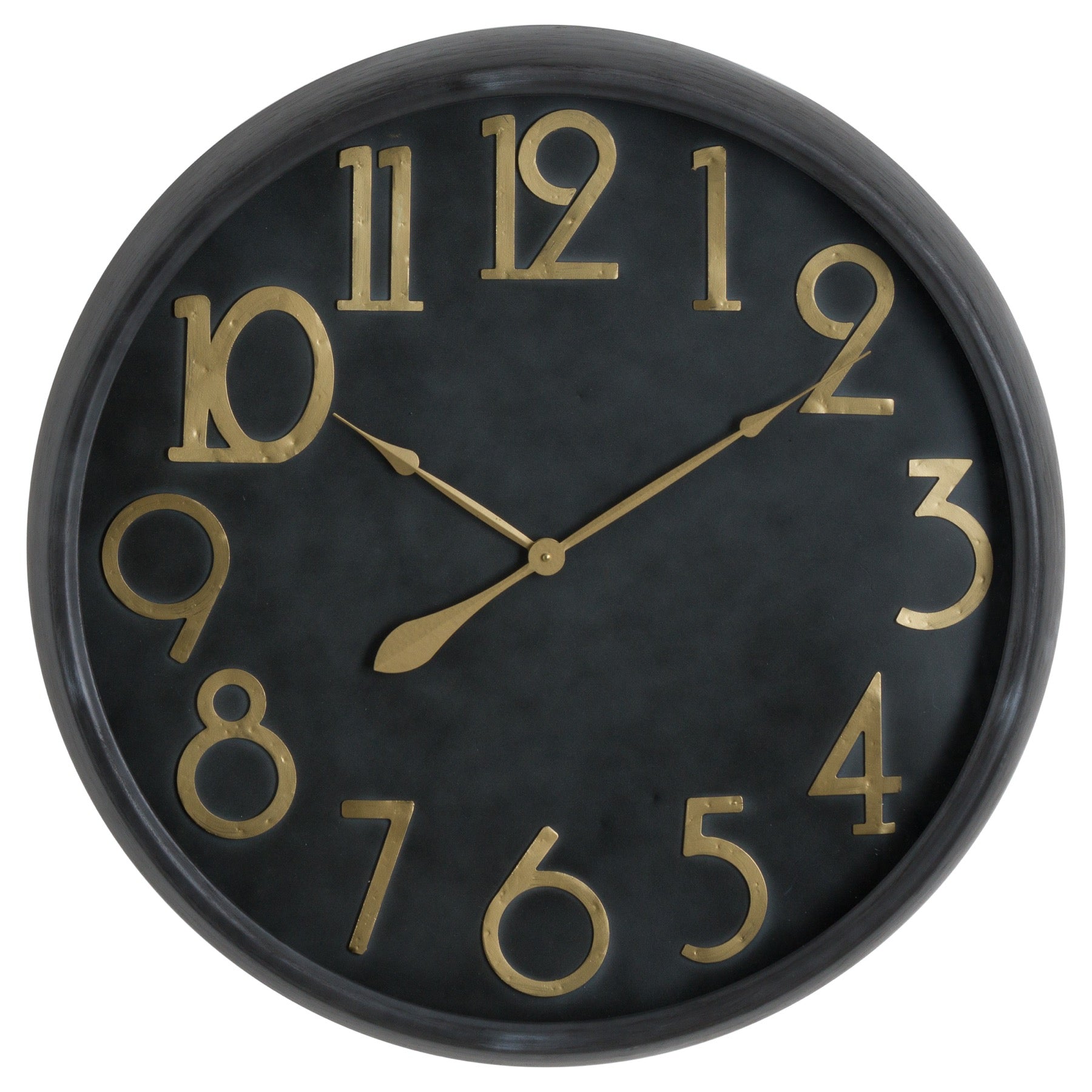 Large black wall clock with brass numerals and hands, blending vintage charm with contemporary design for elegant home decor.