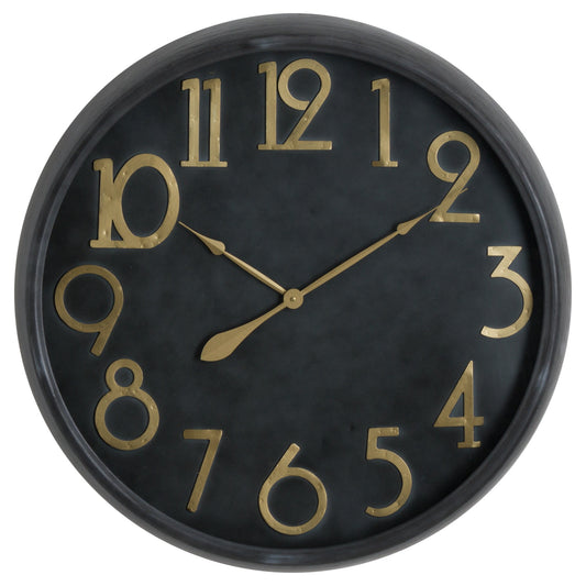Large black wall clock with brass numerals and hands, blending vintage charm with contemporary design for elegant home decor.
