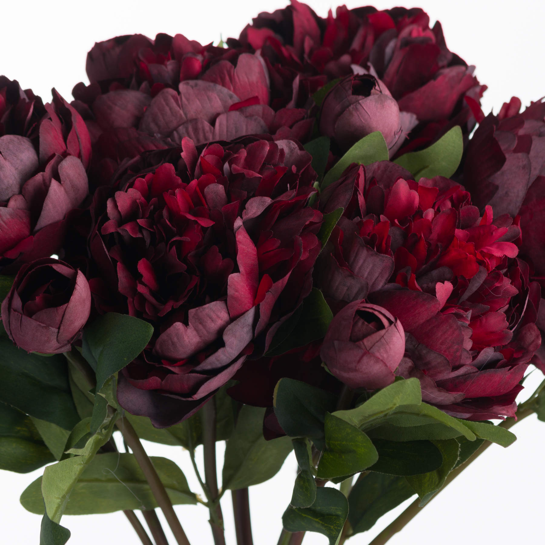 Burgundy peony rose bouquet featuring deep red blooms and lush green foliage, offering elegant charm and realistic detail.