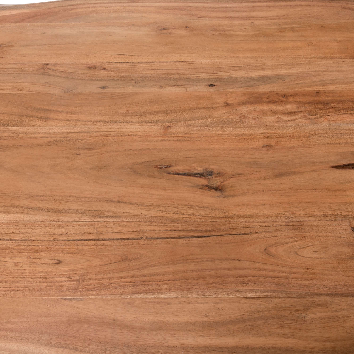 Natural acacia wood dining table with unique live edge detailing, complemented by a grey metal cross-leg frame.
