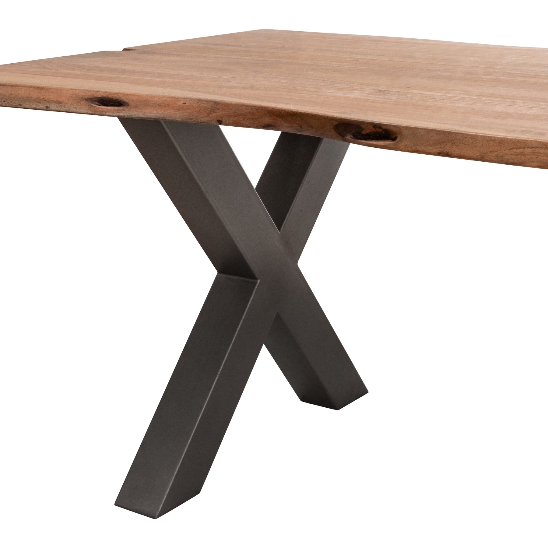 Live Edge Dining Table with natural acacia wood top, highlighting unique contours, supported by a sleek grey metal X-frame.