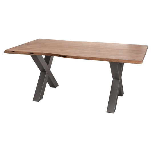 Live edge dining table in natural acacia wood with unique contours, supported by a sleek grey metal cross-leg frame.