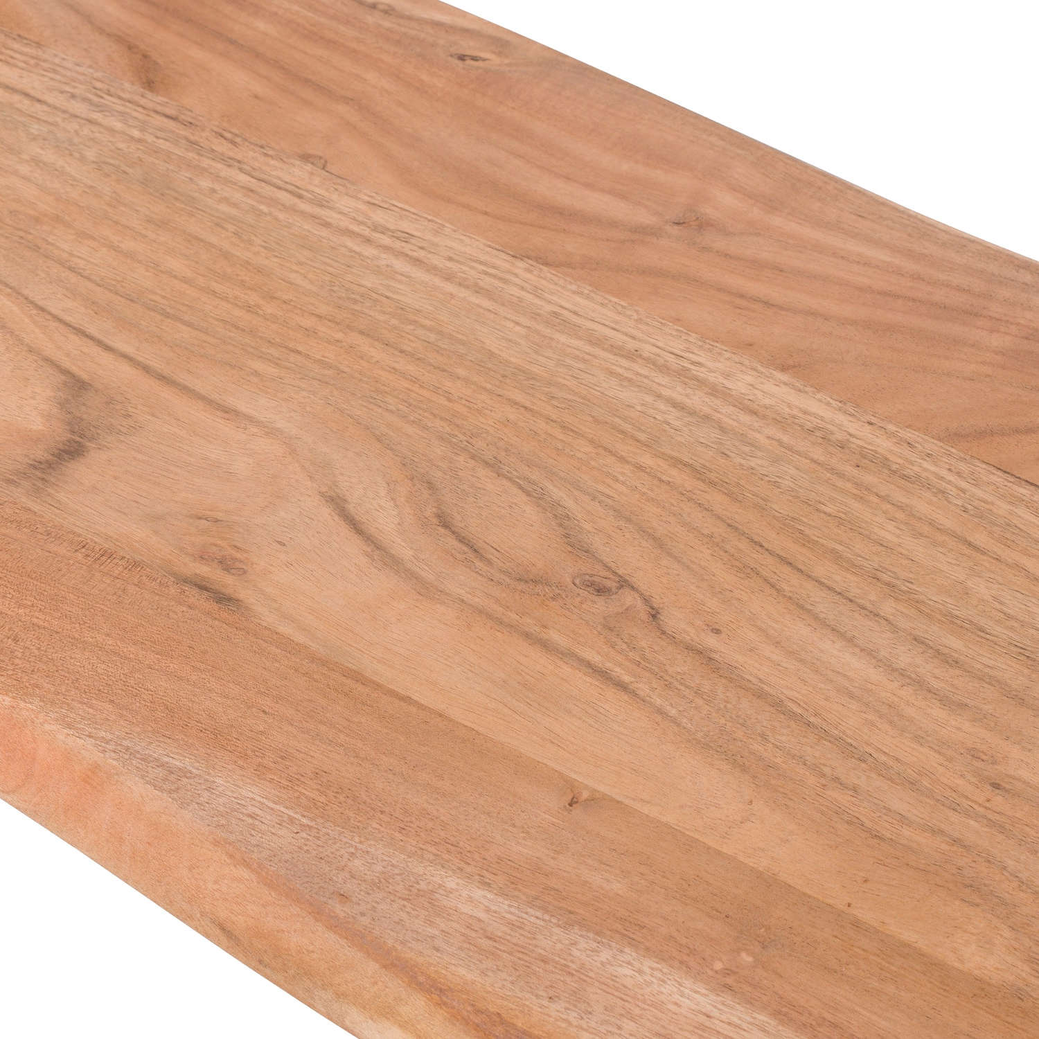 Natural acacia wood bench showcasing unique grain patterns with a live edge design, complemented by a sleek grey metal frame.