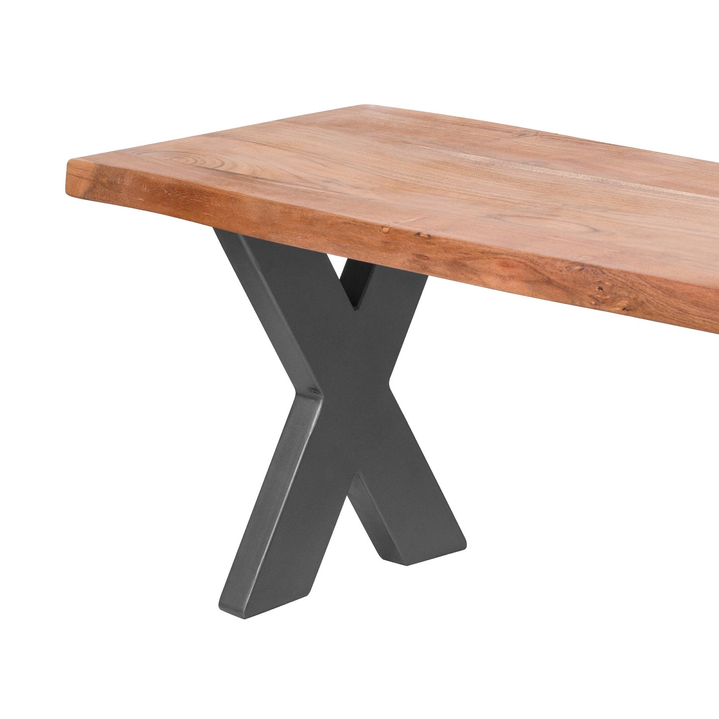 Live edge bench of Indian acacia wood with natural grain patterns, supported by a sleek grey metal cross-leg frame.
