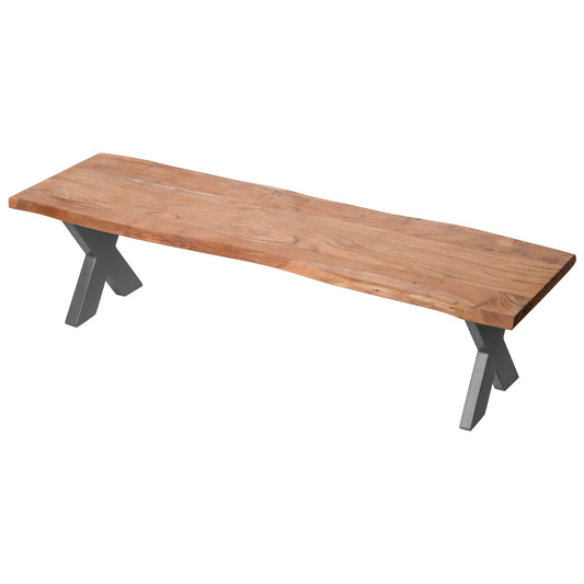 Live edge acacia wood bench with unique grain, featuring a sleek grey metal cross-leg frame for modern rustic elegance.
