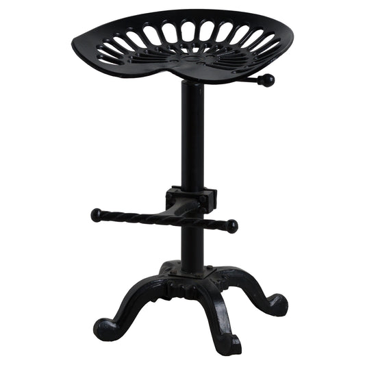 Black adjustable tractor seat with a shaped, perforated design and a sturdy metal base, offering modern industrial style and comfort.