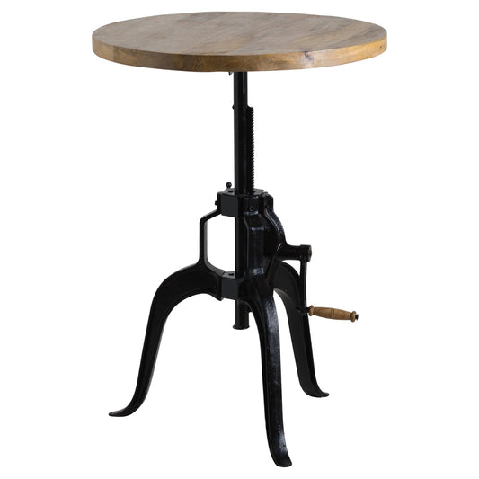 Adjustable bistro table with a weathered wood top and sturdy black metal framework, featuring a vintage crank for height adjustment.