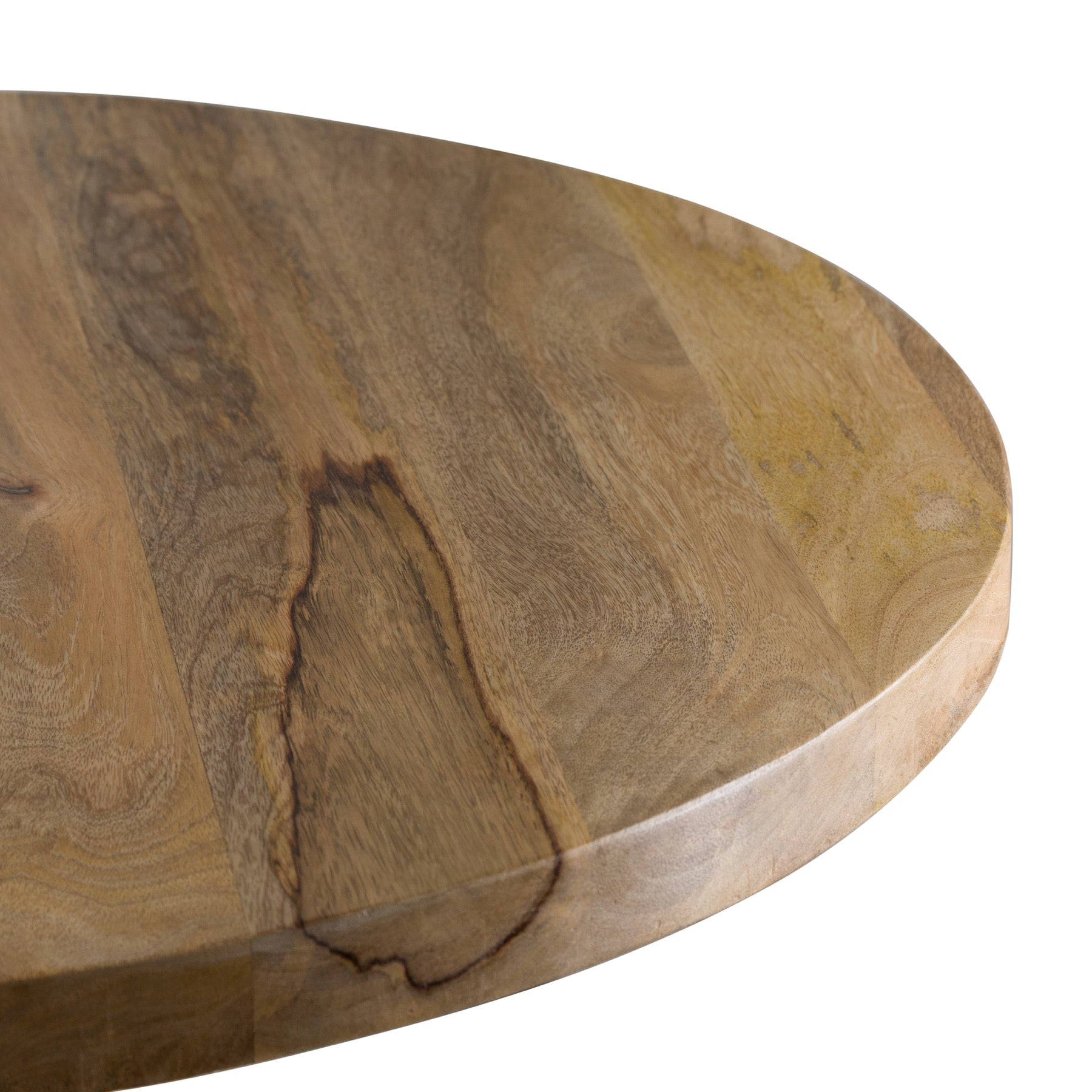 Round hardwood table surface showcasing natural wood grain features, highlighting warm tones and a smooth, polished edge.