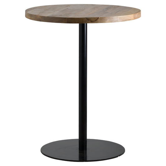 Round hardwood bar table with a natural wood top and a sturdy black metal base, featuring an integrated footrest for comfort.