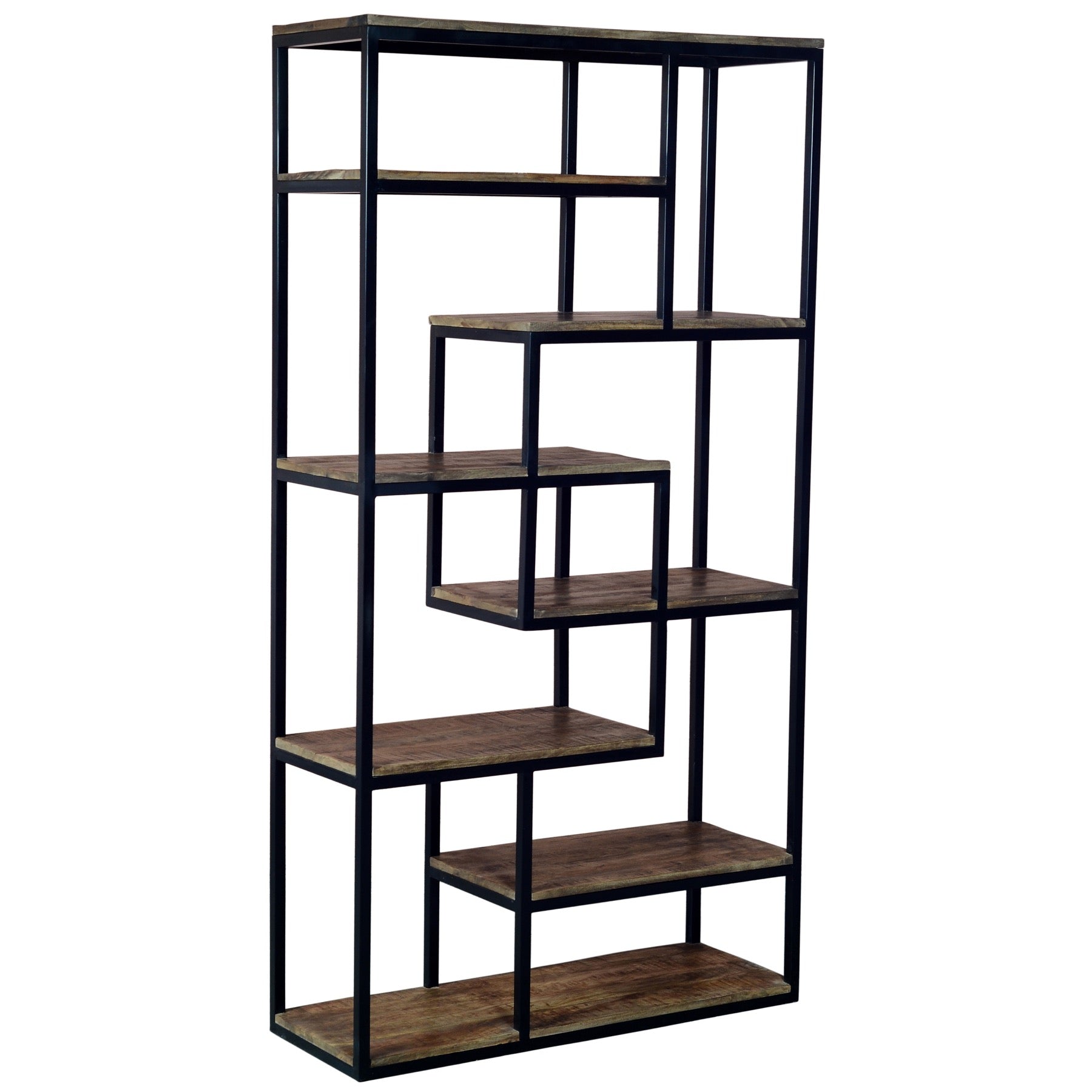 Industrial-style shelf unit with six wooden shelves and a sleek black metal frame, perfect as a display or room divider.