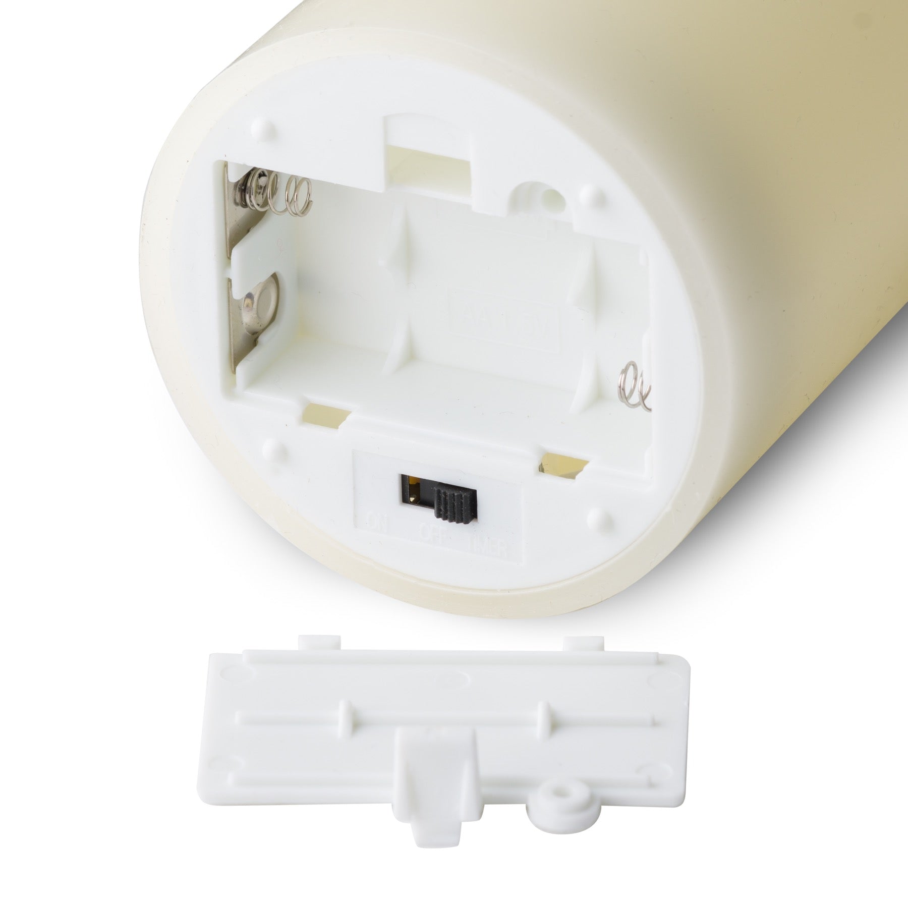 Cream LED candle with a sleek design, featuring a white base and battery compartment, designed for safe, realistic illumination.