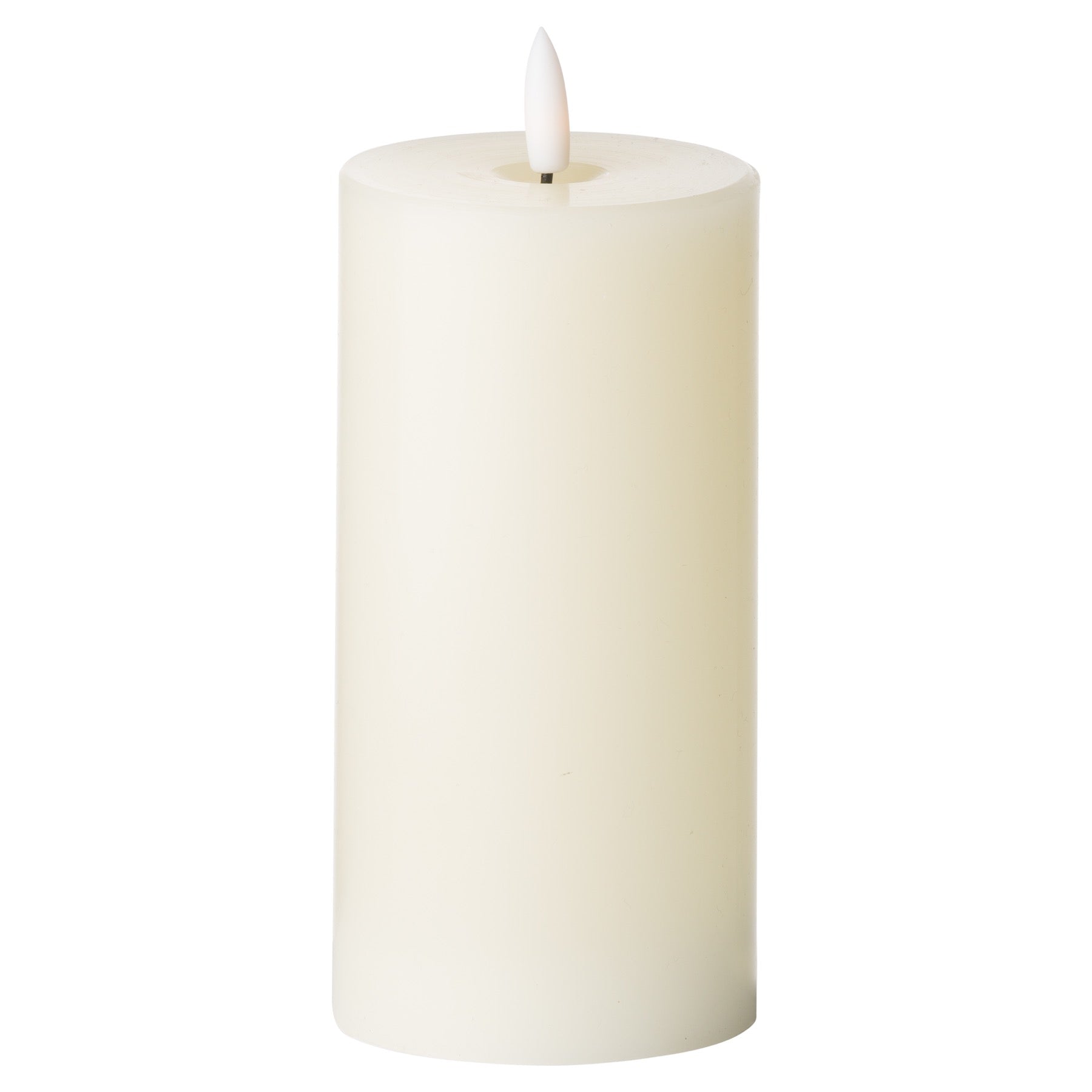 Elegant cream LED candle with a flickering amber glow, designed to enhance home ambiance safely and eco-friendly.