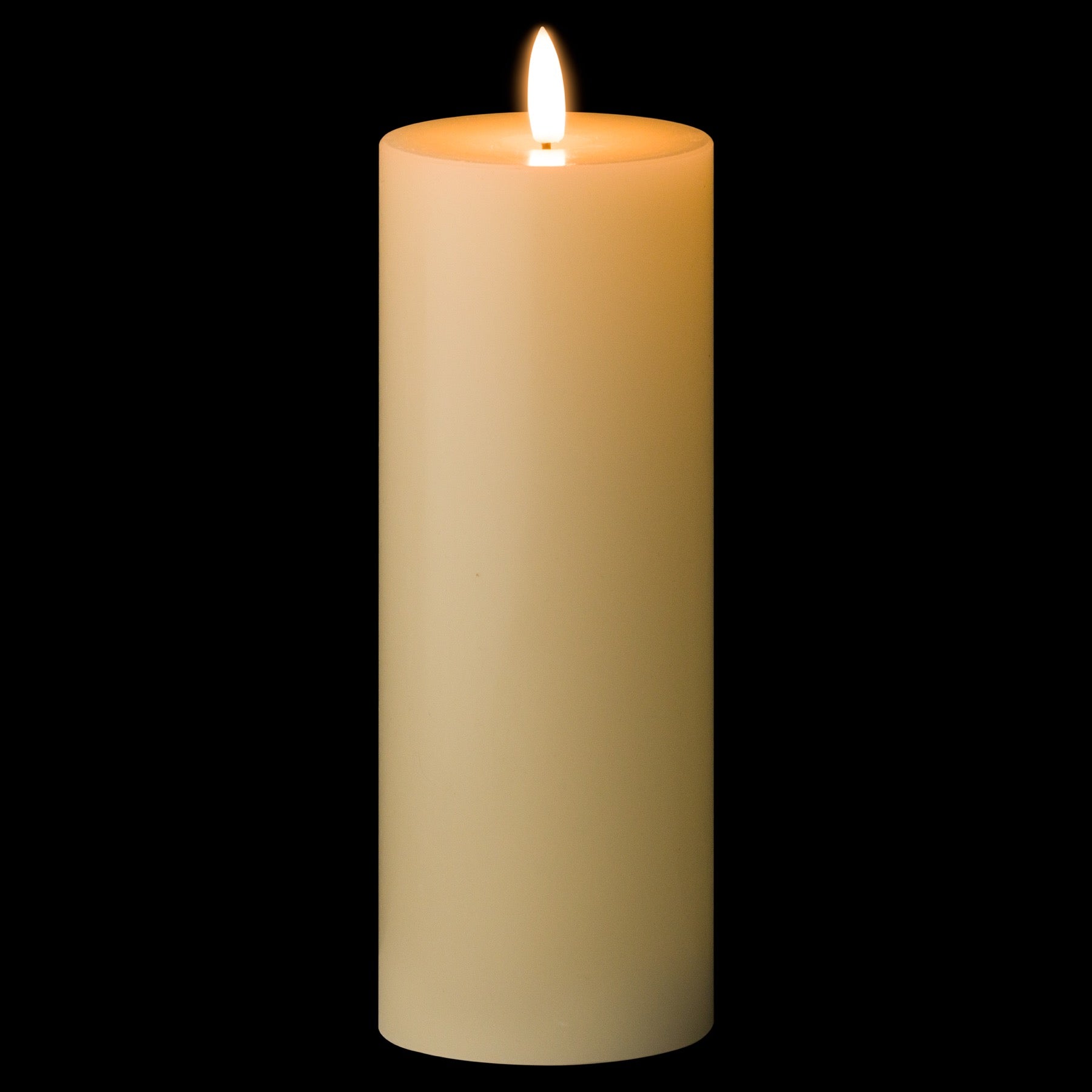 Cream-colored LED candle with a flickering amber flame, set against a black background, exuding elegant ambiance.