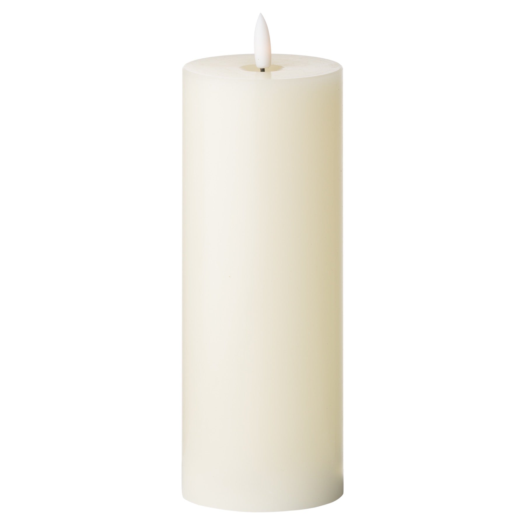 Elegant ivory LED cream candle with a flickering amber flame, mimicking real candlelight for a warm ambiance.