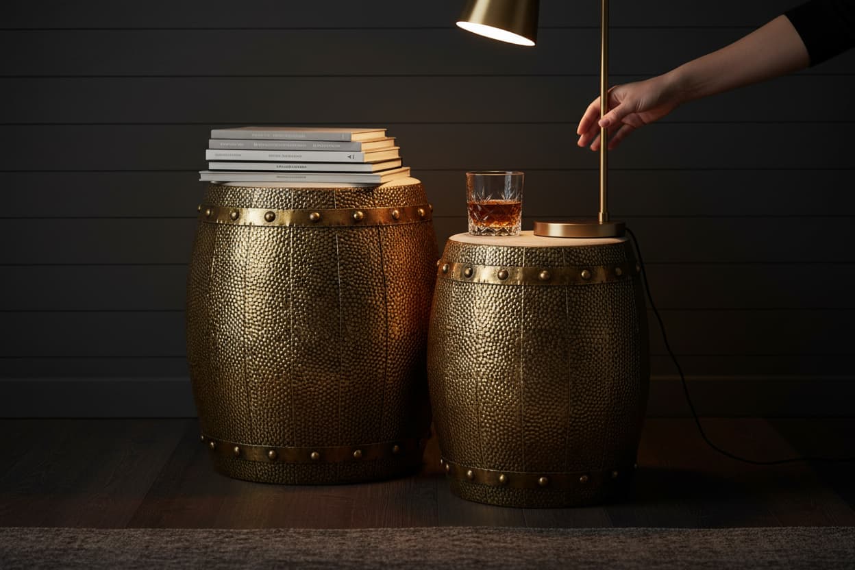 Cyrus Set of 2 Hammered Drum Stools and Tables
